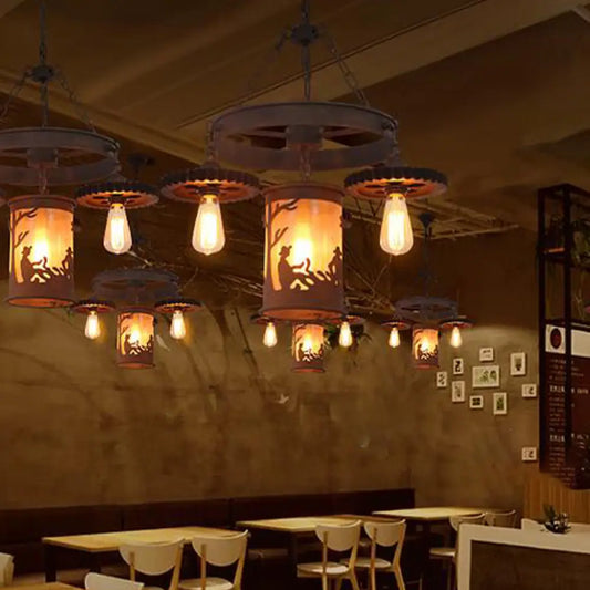 Industrial Rust Metallic Pendant Chandelier - Exposed Bulb Lighting Fixture (4-Lights)