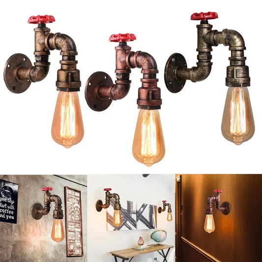 Industrial rusted iron water pipe wall lamp with rusted metal pipes red valve caps and warm edison bulbs decorbites iron water