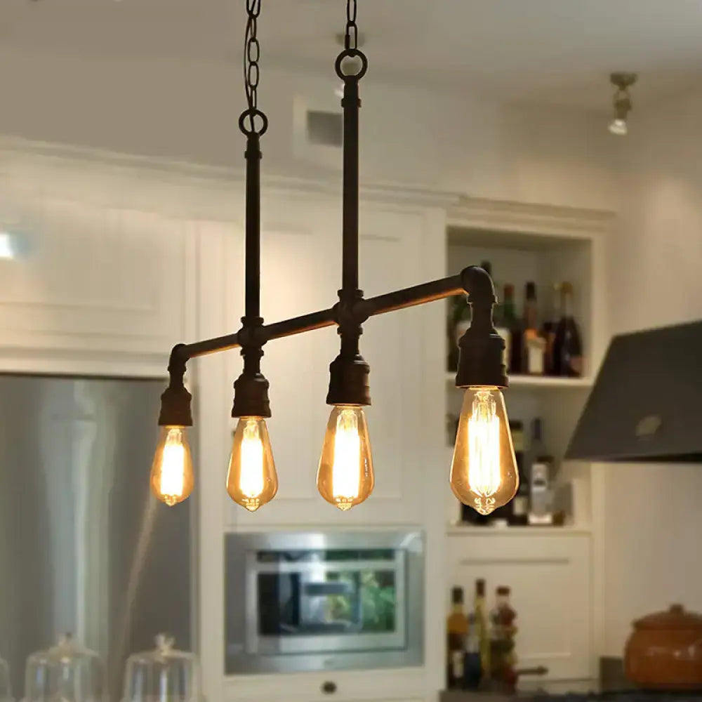 Decorbites™ rustic black island metal linear piped chandelier with four glowing amber led incandescent bulbs for 220v-240v use