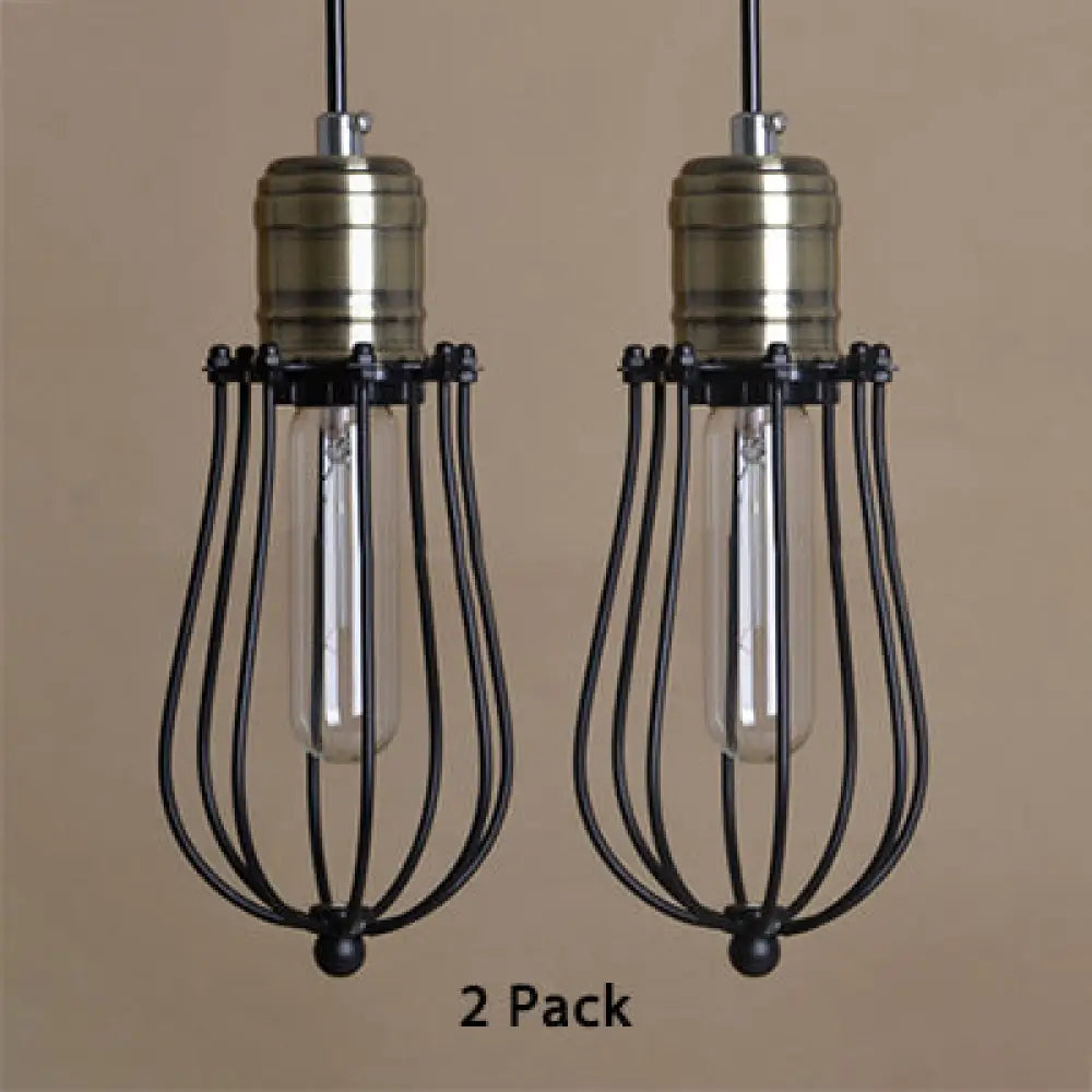 Industrial Rustic Black Metal Pendant Lighting, 2 Pack - Wire Cage Hanging Lamp for Kitchen