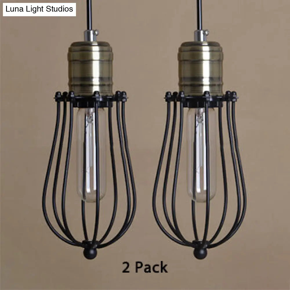 Industrial Rustic Black Metal Pendant Lighting, 2 Pack - Wire Cage Hanging Lamp for Kitchen