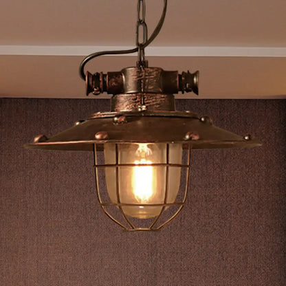 Industrial Rustic Cone Glass Pendant Ceiling Light with Cage - 1-Light Fixture