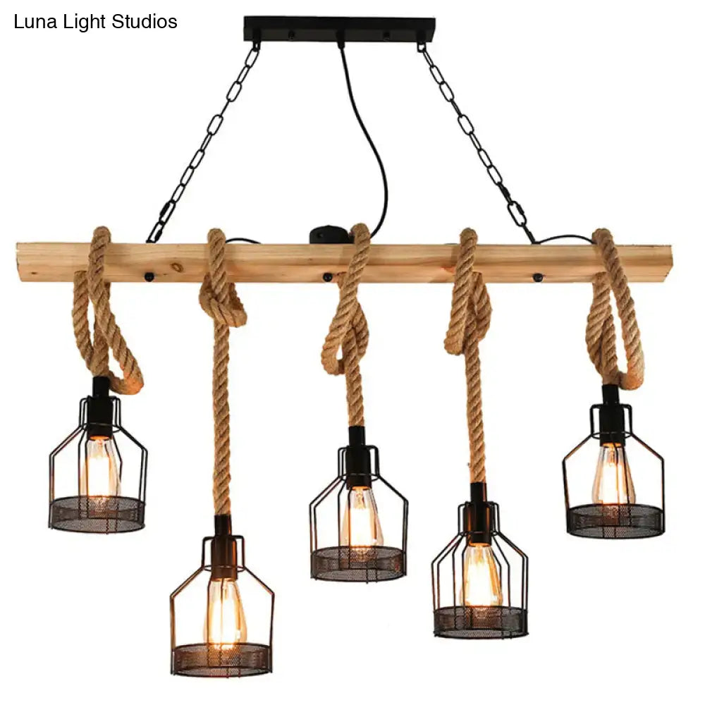 Industrial rustic hemp rope chandelier with natural wood beam black metal cage shades and rope suspension for dining room