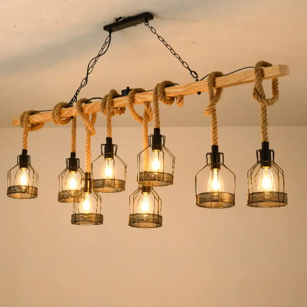 Rustic wooden beam industrial rustic hemp rope chandelier with thick beige hemp rope and black metal cage pendant lights