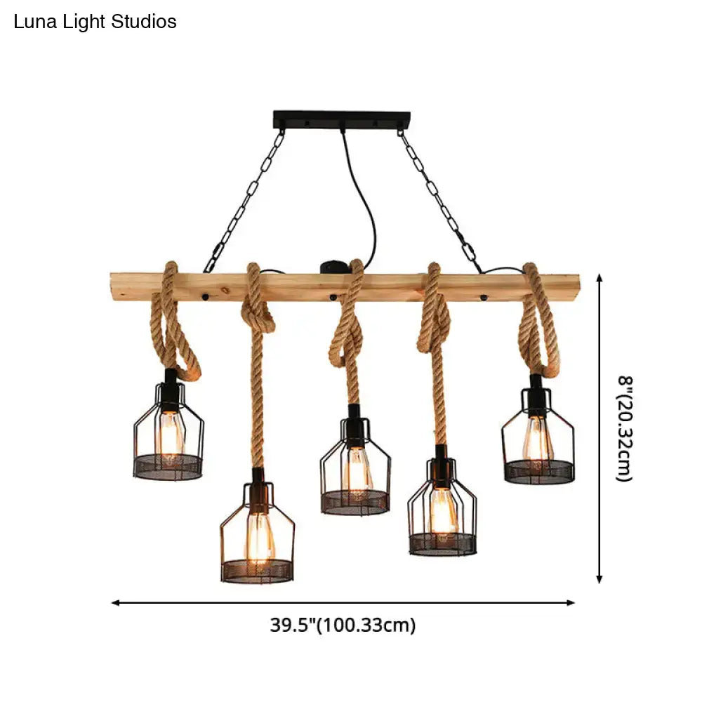 Industrial rustic hemp rope chandelier with light wooden beam black metal cage fixtures and thick natural rope suspension
