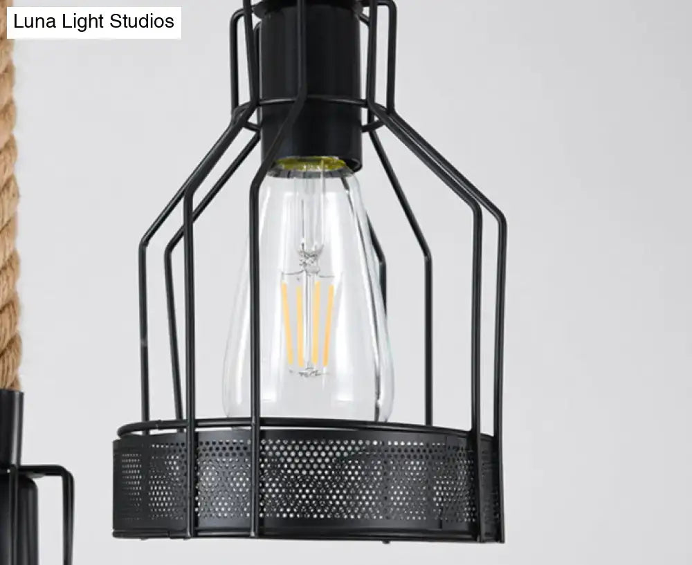 Black metal cage pendant light with clear glass edison bulb in industrial rustic hemp rope chandelier for dining room