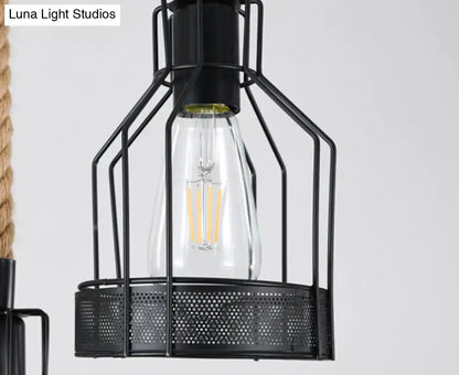 Black metal cage pendant light with clear glass edison bulb in industrial rustic hemp rope chandelier for dining room
