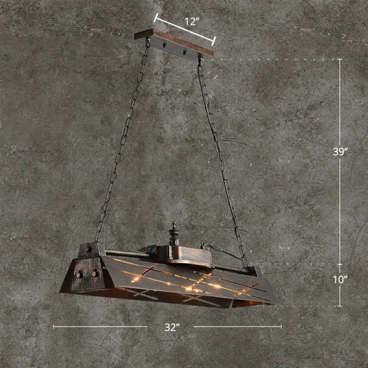DecorBites™ industrial-style 4-light pendant light fixture with dark rustic metal shade and hanging chains for restaurant decor