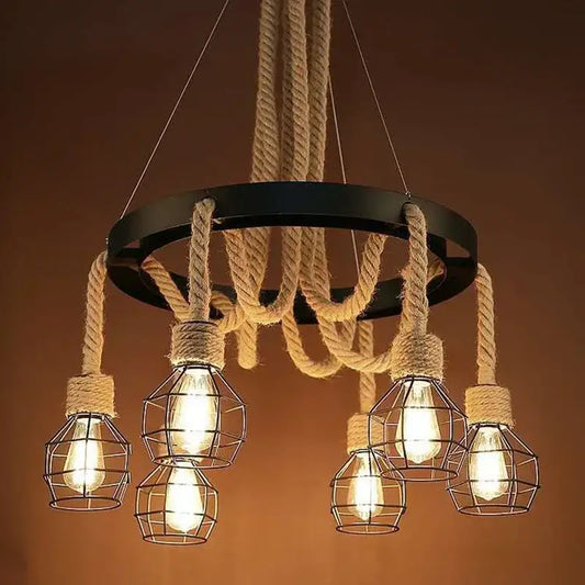 Industrial rustic pendant lights with black metal ring, beige rope suspension, and wire cage Edison bulbs for dining room decorbites