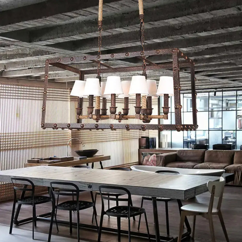 Industrial rustic rope 8-light chandelier with dark bronze metal frame rope accents and traditional fabric barrel lampshades for 220v-240v and 110v-120v use