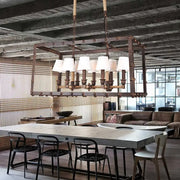 Industrial rustic rope 8-light chandelier with dark bronze metal frame rope accents and traditional fabric barrel lampshades for 220v-240v and 110v-120v use
