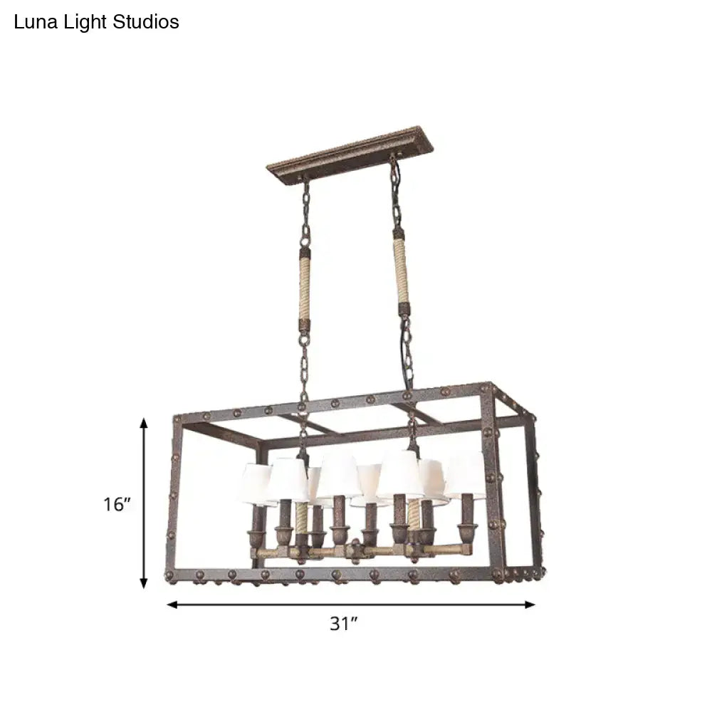 Industrial rustic rope 8-light chandelier with dark metal frame, rope-wrapped chains, fabric barrel lampshades for 220v-240v use