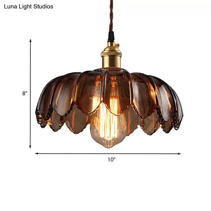 Industrial Scalloped Ceiling Lighting: 1-Light 8"/10"/12" Wide Brown Glass Hanging Lamp