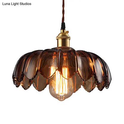 Industrial Scalloped Ceiling Lighting: 1-Light 8"/10"/12" Wide Brown Glass Hanging Lamp