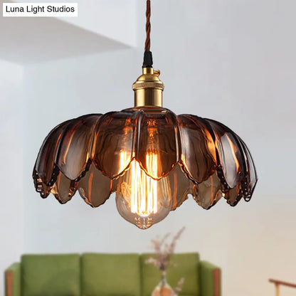 Industrial Scalloped Ceiling Lighting: 1-Light 8"/10"/12" Wide Brown Glass Hanging Lamp