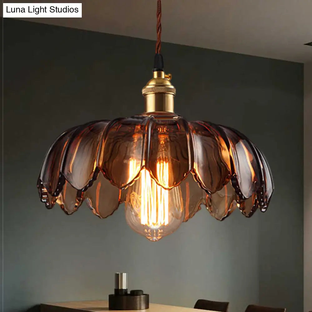 Industrial Scalloped Ceiling Lighting: 1-Light 8"/10"/12" Wide Brown Glass Hanging Lamp