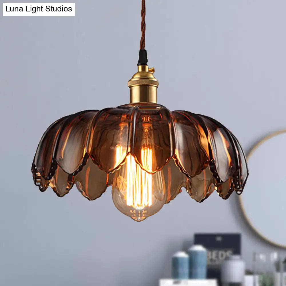 Industrial Scalloped Ceiling Lighting: 1-Light 8"/10"/12" Wide Brown Glass Hanging Lamp