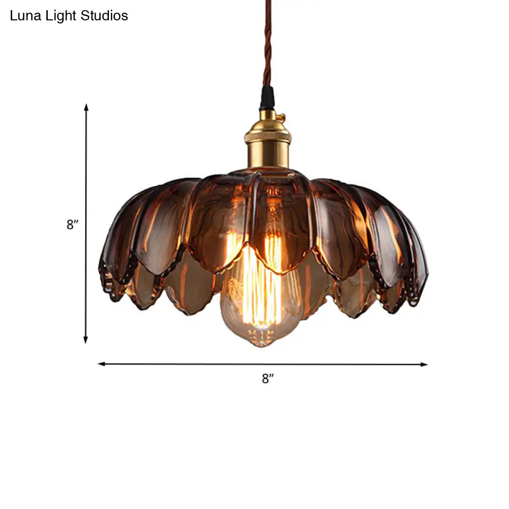 Industrial Scalloped Ceiling Lighting: 1-Light 8"/10"/12" Wide Brown Glass Hanging Lamp