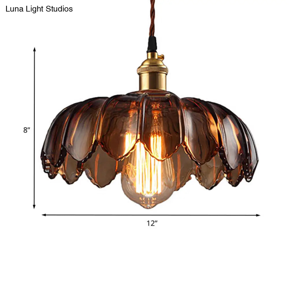 Industrial Scalloped Ceiling Lighting: 1-Light 8"/10"/12" Wide Brown Glass Hanging Lamp