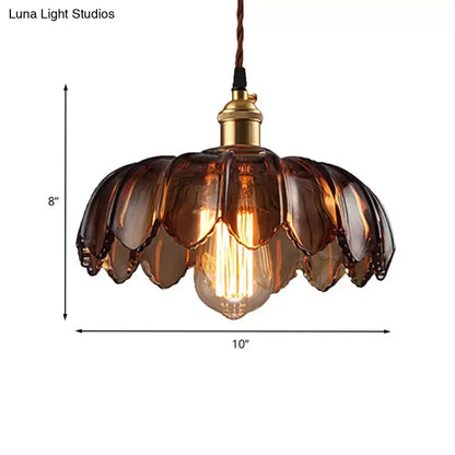 Industrial Scalloped Ceiling Lighting: 1-Light 8"/10"/12" Wide Brown Glass Hanging Lamp