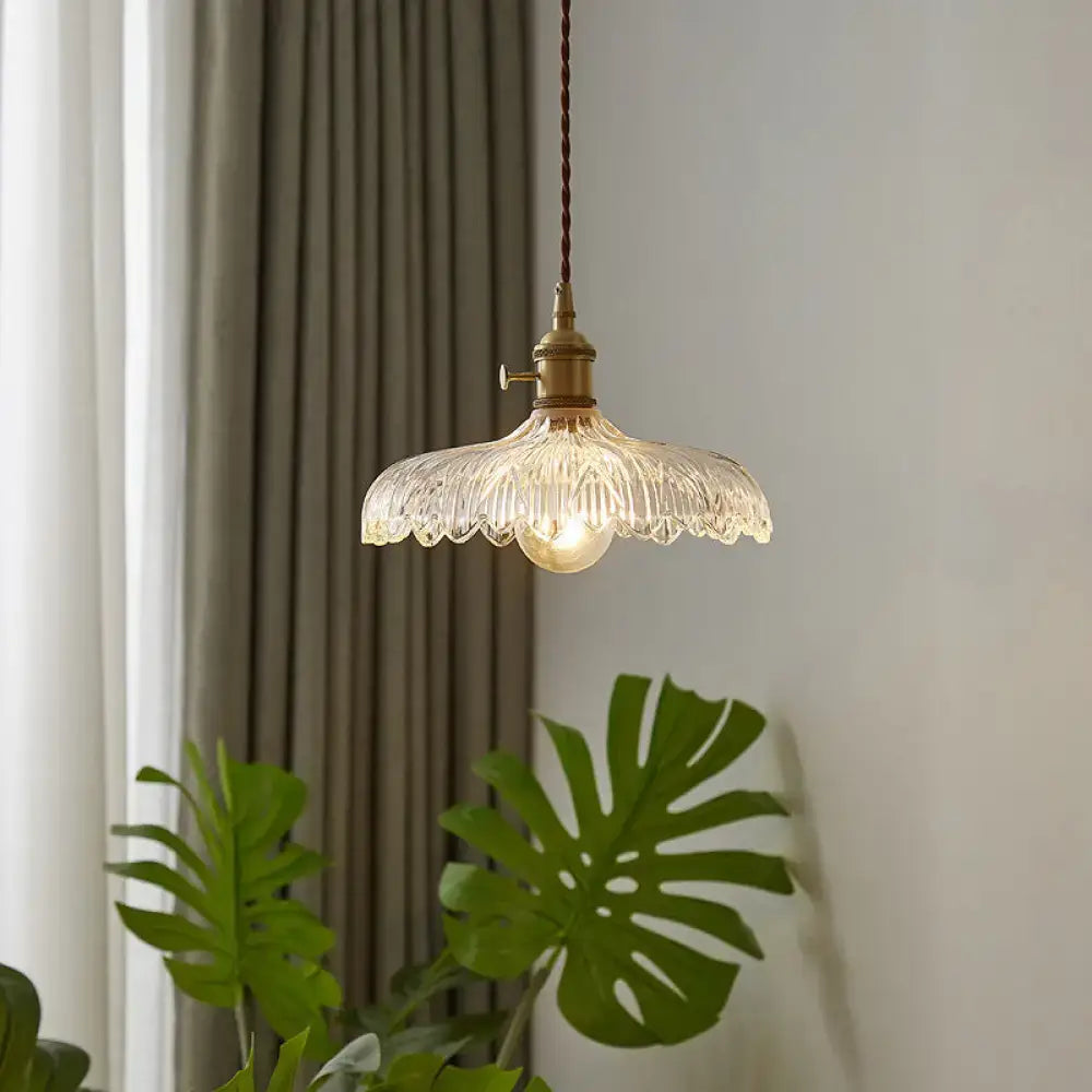 Vintage-style scalloped edge glass pendant ceiling light with clear textured shade and brass hardware by decorbites for restaurants