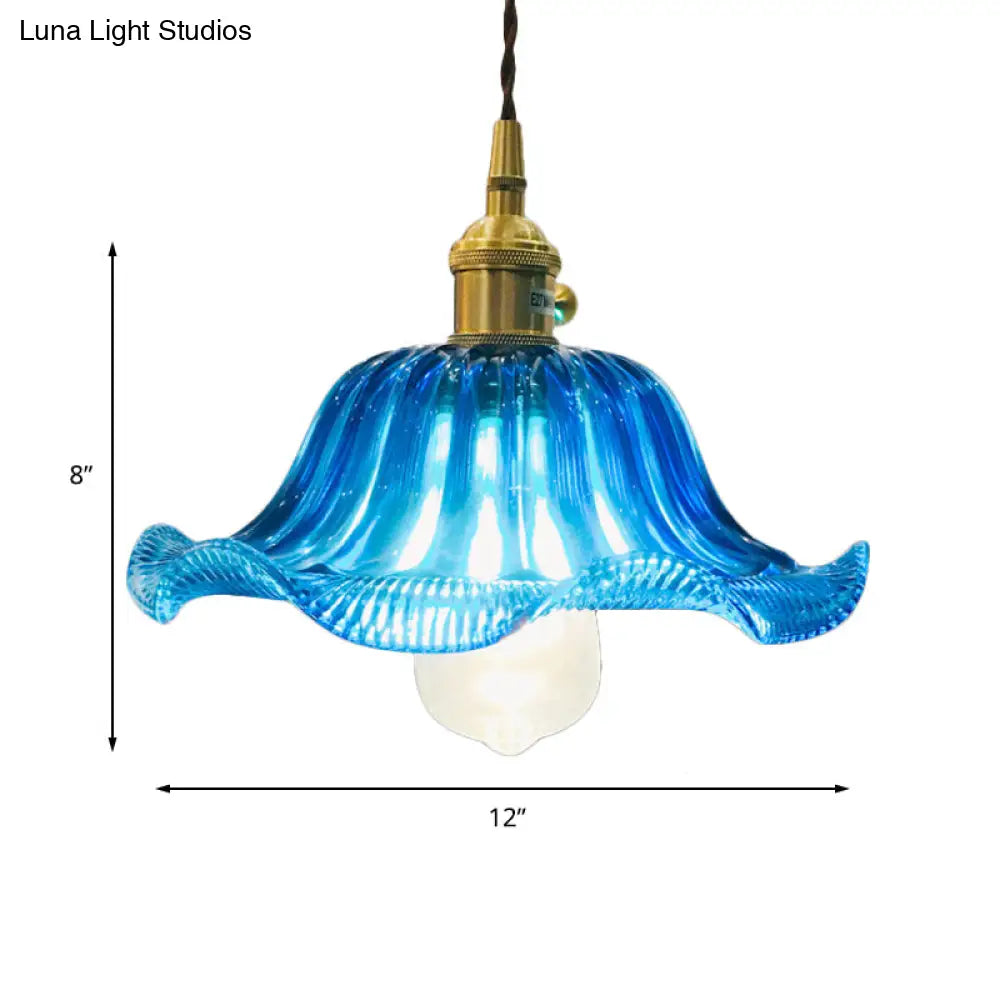 Industrial Scalloped Hanging Ceiling Light - 1-Light Blue Glass Pendant Fixture, 12" Wide