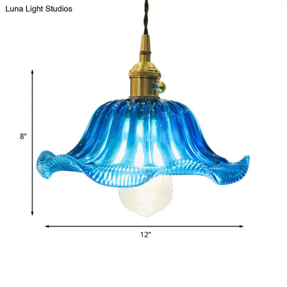 Industrial Scalloped Hanging Ceiling Light - 1-Light Blue Glass Pendant Fixture, 12" Wide