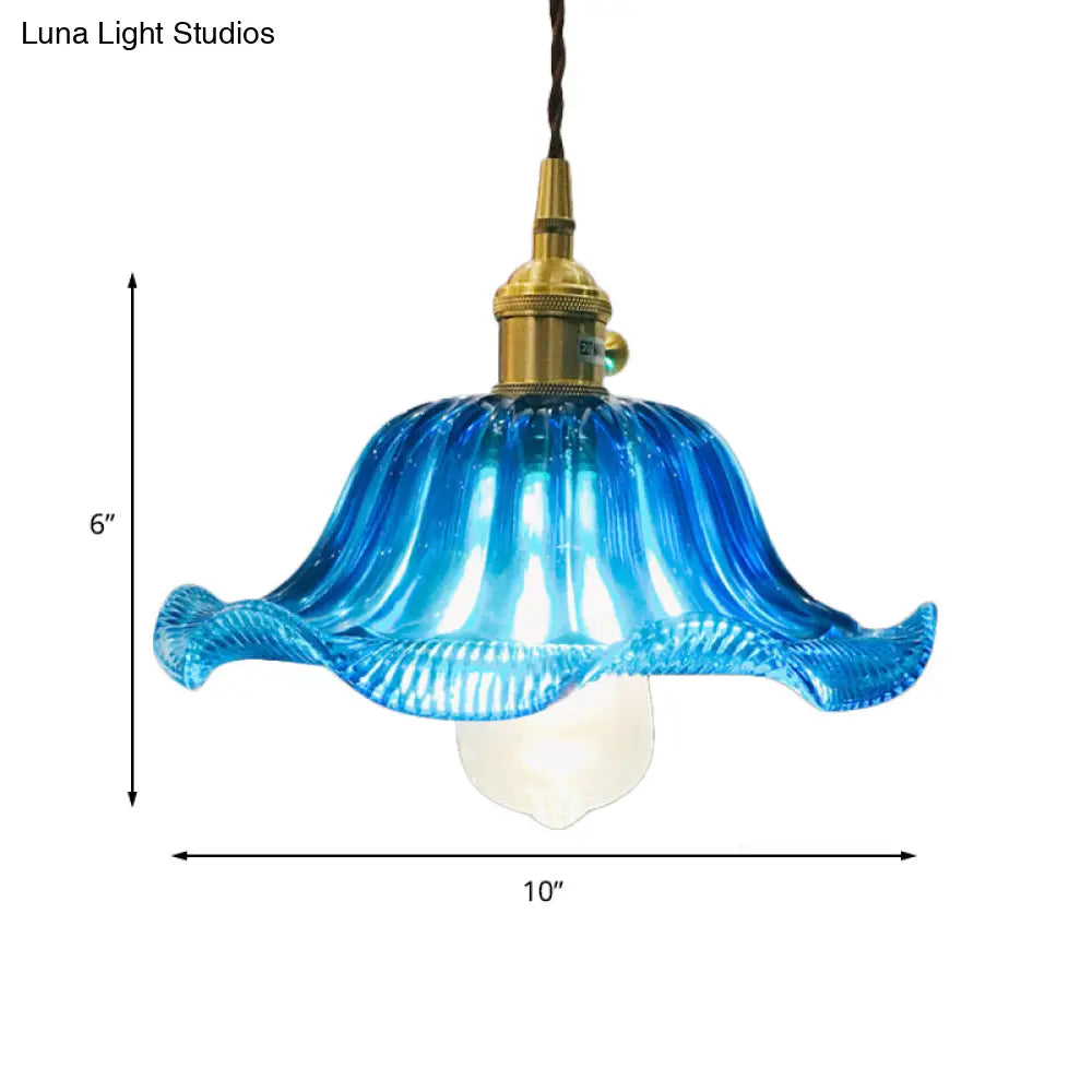 Industrial Scalloped Hanging Ceiling Light - 1-Light Blue Glass Pendant Fixture, 12" Wide