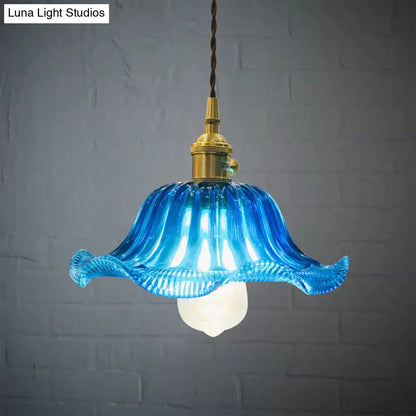 Industrial Scalloped Hanging Ceiling Light - 1-Light Blue Glass Pendant Fixture, 12" Wide