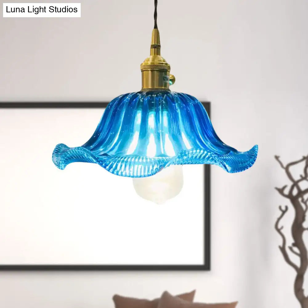 Industrial Scalloped Hanging Ceiling Light - 1-Light Blue Glass Pendant Fixture, 12" Wide