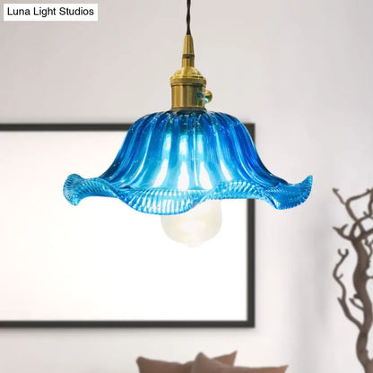 Industrial Scalloped Hanging Ceiling Light - 1-Light Blue Glass Pendant Fixture, 12" Wide