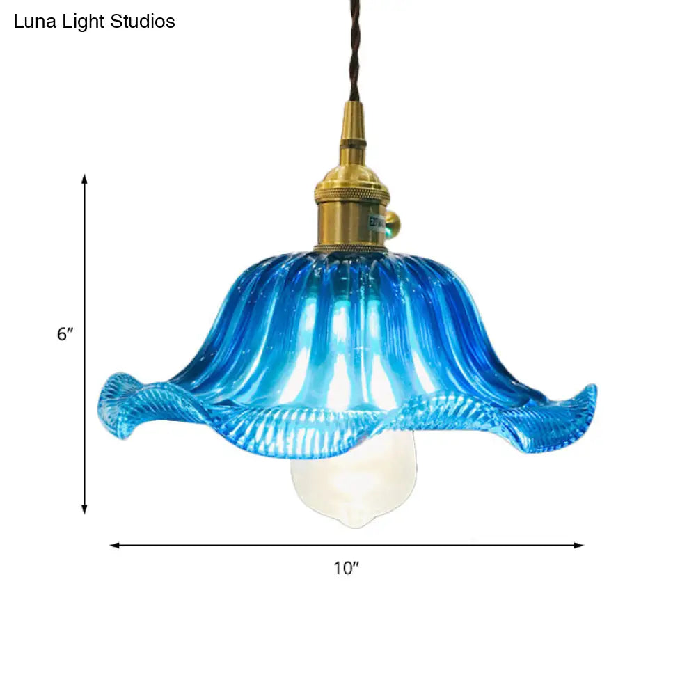 Industrial Scalloped Hanging Ceiling Light - 1-Light Blue Glass Pendant Fixture, 12" Wide