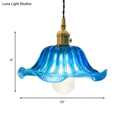 Industrial Scalloped Hanging Ceiling Light - 1-Light Blue Glass Pendant Fixture, 12" Wide