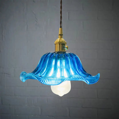 Industrial Scalloped Hanging Ceiling Light - 1-Light Blue Glass Pendant Fixture, 12" Wide