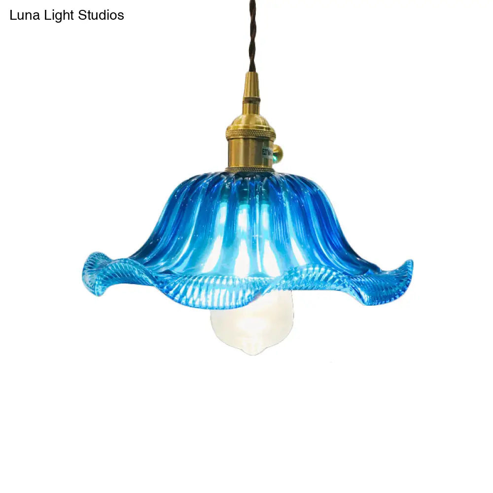 Industrial Scalloped Hanging Ceiling Light - 1-Light Blue Glass Pendant Fixture, 12" Wide