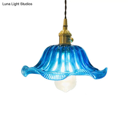 Industrial Scalloped Hanging Ceiling Light - 1-Light Blue Glass Pendant Fixture, 12" Wide