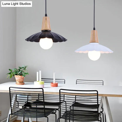 Industrial Scalloped Metal Hanging Pendant Light with Wooden Cap - White/Black