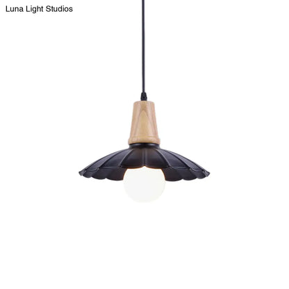 Industrial Scalloped Metal Hanging Pendant Light with Wooden Cap - White/Black