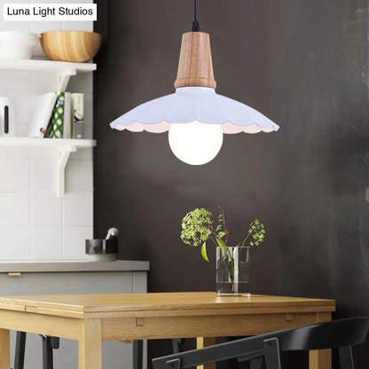 Industrial Scalloped Metal Hanging Pendant Light with Wooden Cap - White/Black