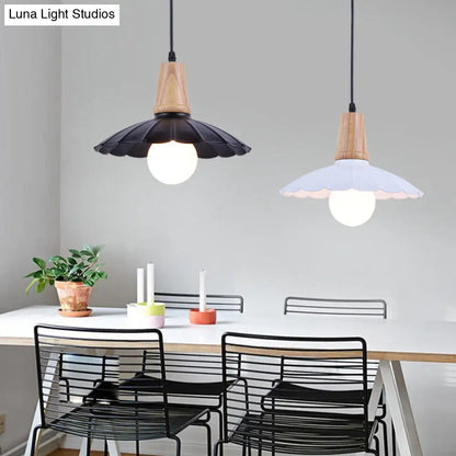 Industrial Scalloped Metal Hanging Pendant Light with Wooden Cap - White/Black