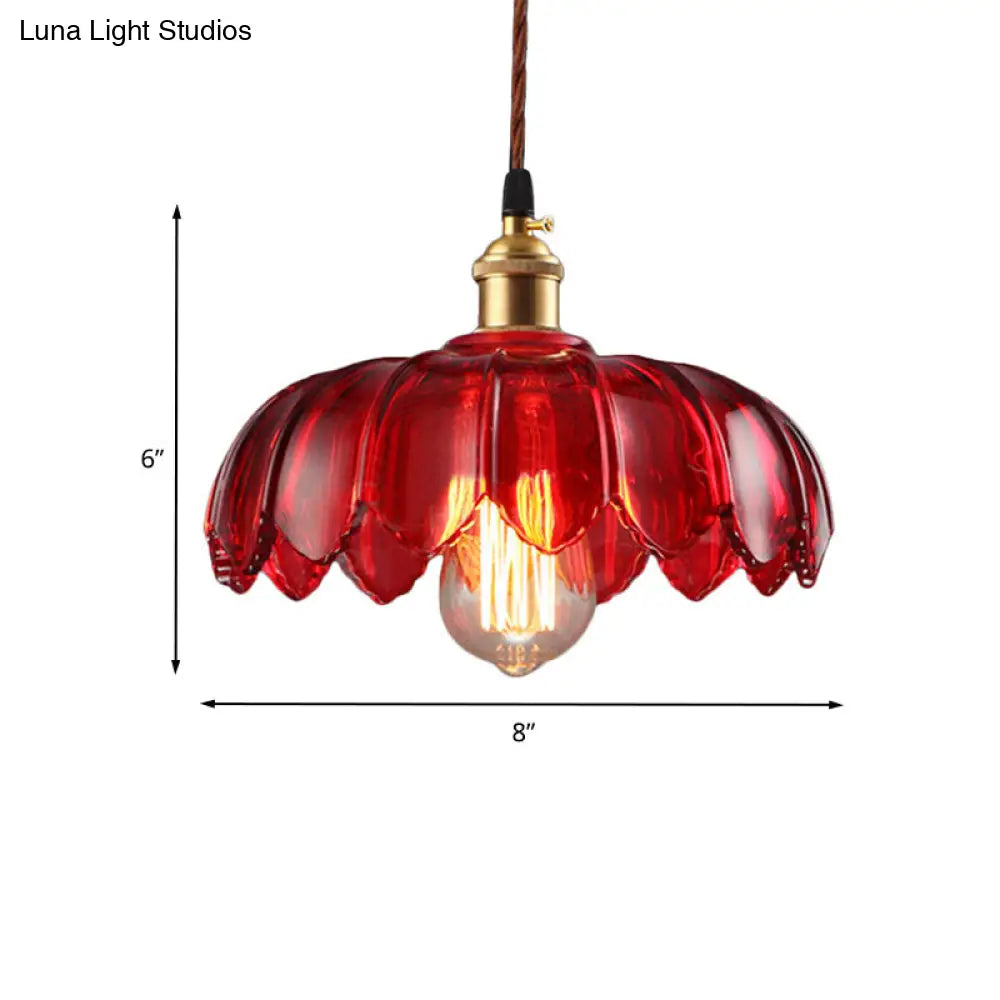 Industrial Scalloped Pendant Lamp - 1 Light Red Glass Hanging Ceiling Light for Living Room - 8"/10"/12" Wide