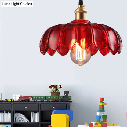 Industrial Scalloped Pendant Lamp - 1 Light Red Glass Hanging Ceiling Light for Living Room - 8"/10"/12" Wide