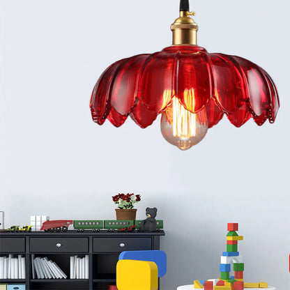 Industrial Scalloped Pendant Lamp - 1 Light Red Glass Hanging Ceiling Light for Living Room - 8"/10"/12" Wide