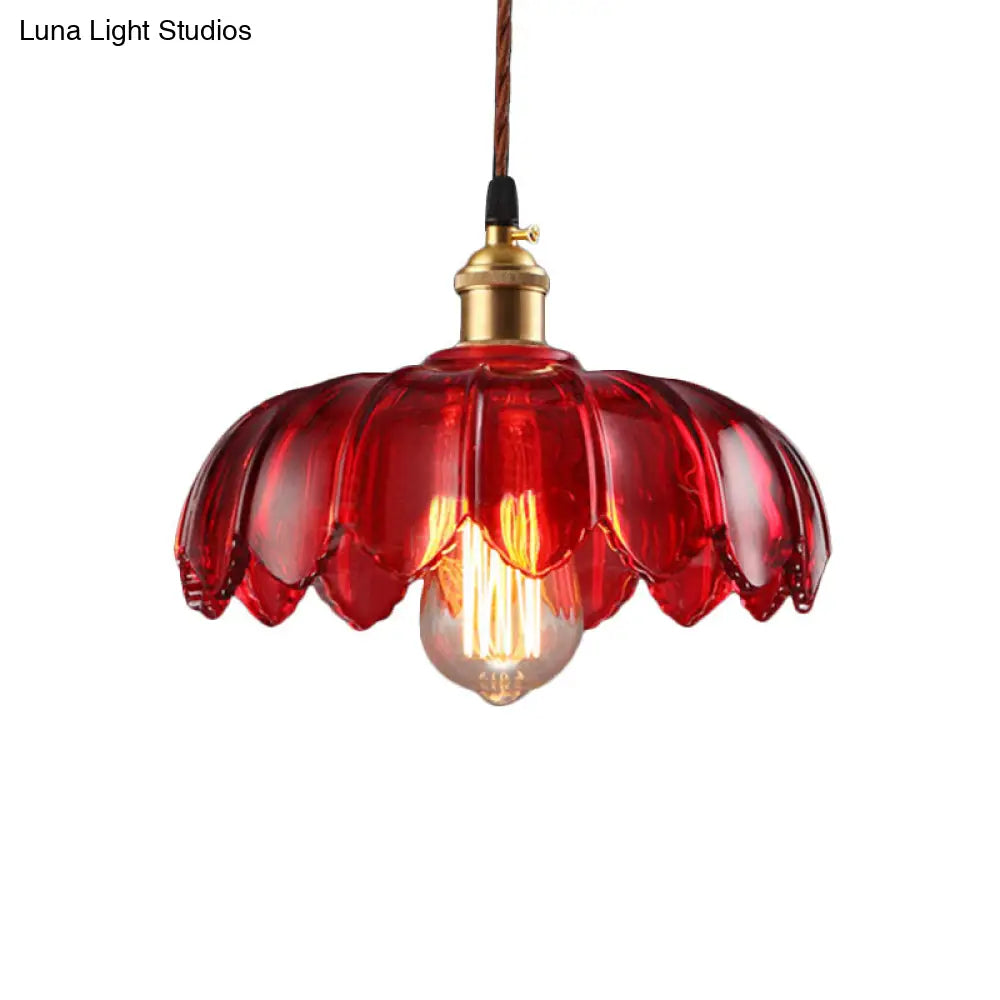 Industrial Scalloped Pendant Lamp - 1 Light Red Glass Hanging Ceiling Light for Living Room - 8"/10"/12" Wide