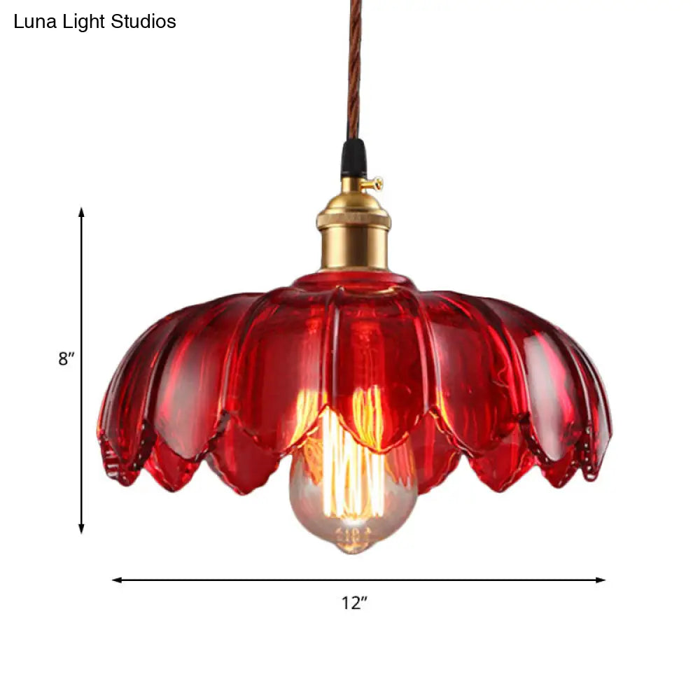 Industrial Scalloped Pendant Lamp - 1 Light Red Glass Hanging Ceiling Light for Living Room - 8"/10"/12" Wide