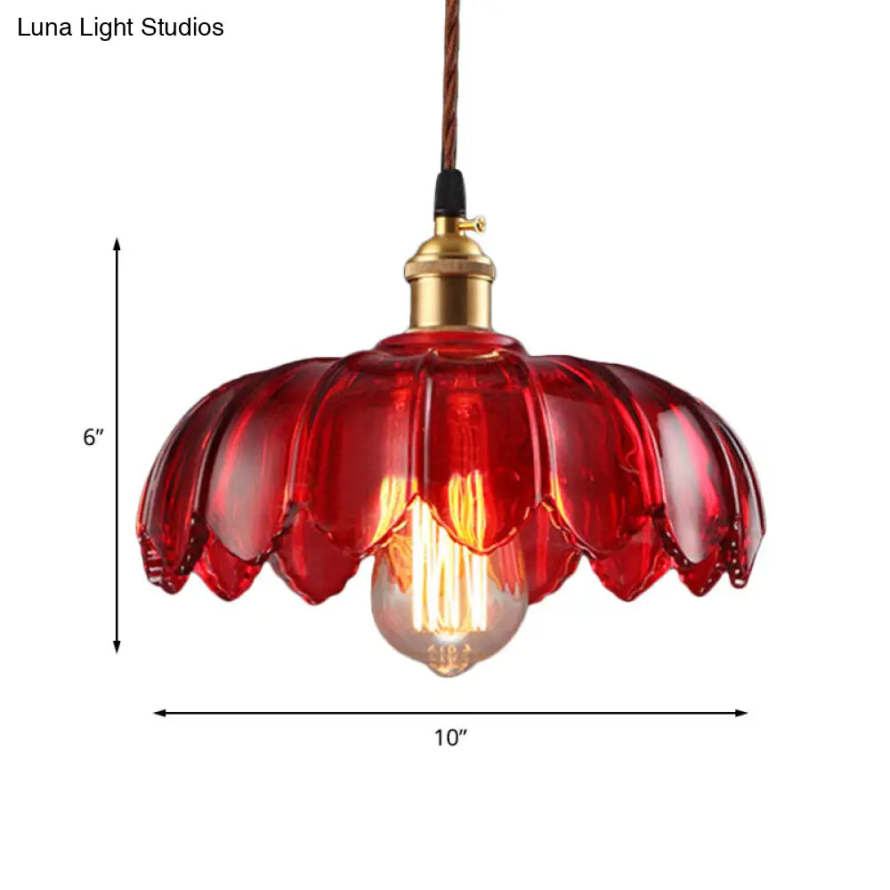 Industrial Scalloped Pendant Lamp - 1 Light Red Glass Hanging Ceiling Light for Living Room - 8"/10"/12" Wide