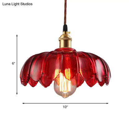 Industrial Scalloped Pendant Lamp - 1 Light Red Glass Hanging Ceiling Light for Living Room - 8"/10"/12" Wide