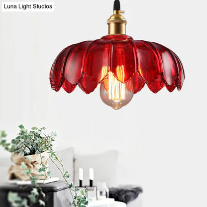 Industrial Scalloped Pendant Lamp - 1 Light Red Glass Hanging Ceiling Light for Living Room - 8"/10"/12" Wide