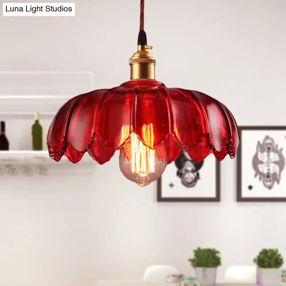 Industrial Scalloped Pendant Lamp - 1 Light Red Glass Hanging Ceiling Light for Living Room - 8"/10"/12" Wide