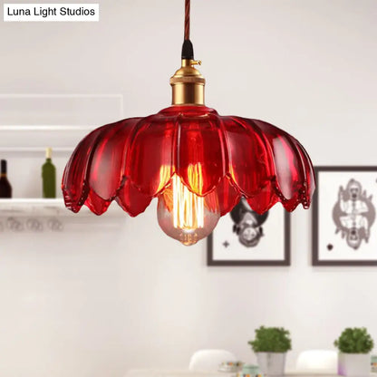 Industrial Scalloped Pendant Lamp - 1 Light Red Glass Hanging Ceiling Light for Living Room - 8"/10"/12" Wide